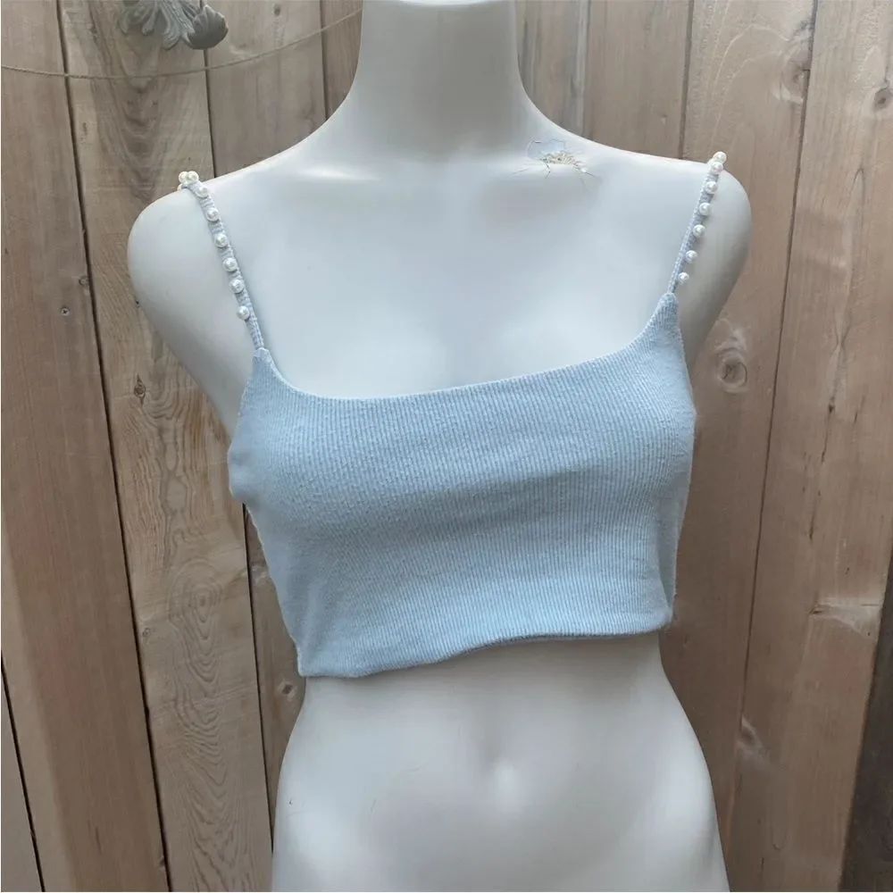 Zara pastel blue top with pearl detailing on straps size medium